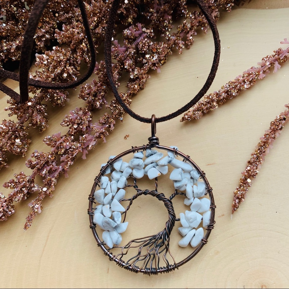 Howlite Gemstone Tree Of Life Pendant Necklace